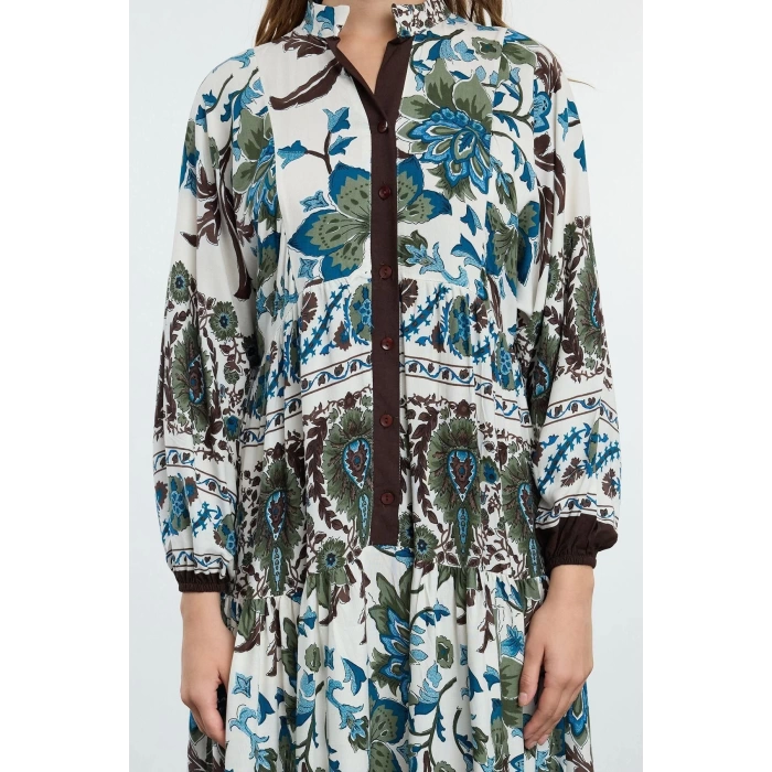 Fashion Style Relaxed Judge Collar Maxi Length Hijab Floral Viscose Woven Dress