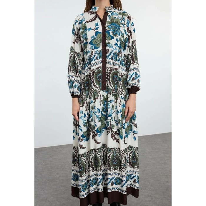 Fashion Style Relaxed Judge Collar Maxi Length Hijab Floral Viscose Woven Dress