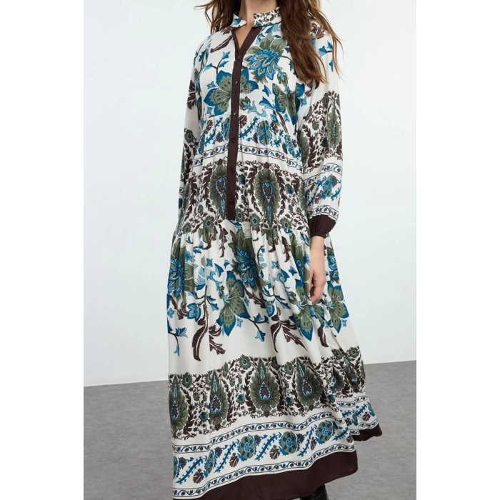 Fashion Style Relaxed Judge Collar Maxi Length Hijab Floral Viscose Woven Dress