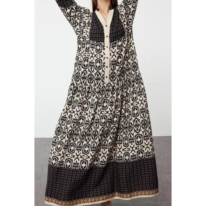 Fashion Style Relaxed Judge Collar Maxi Length Hijab Floral Viscose Woven Dress