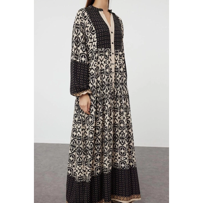 Fashion Style Relaxed Judge Collar Maxi Length Hijab Floral Viscose Woven Dress