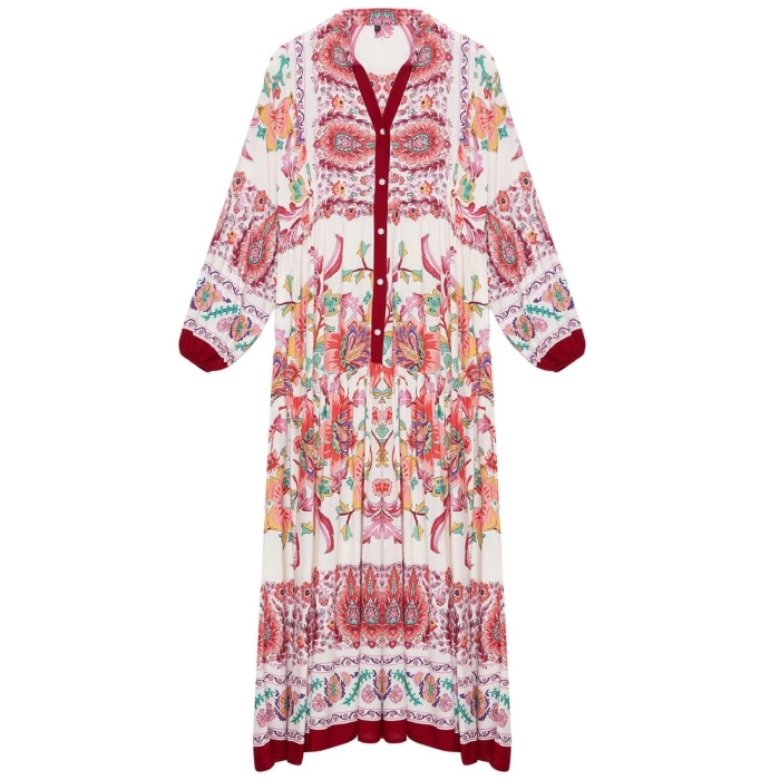 Fashion Style Relaxed Judge Collar Maxi Length Hijab Floral Viscose Woven Dress