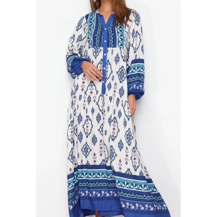 Fashion Style Relaxed V Neck Maxi Length Hijab Floral Patterned Woven Viscose Dress