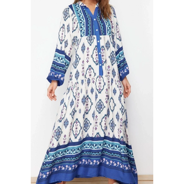 Fashion Style Relaxed V Neck Maxi Length Hijab Floral Patterned Woven Viscose Dress
