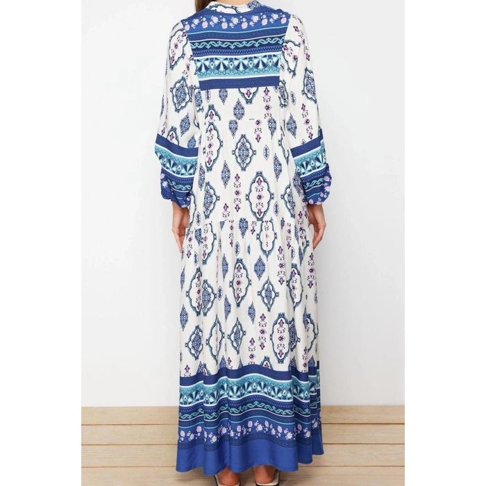 Fashion Style Relaxed V Neck Maxi Length Hijab Floral Patterned Woven Viscose Dress