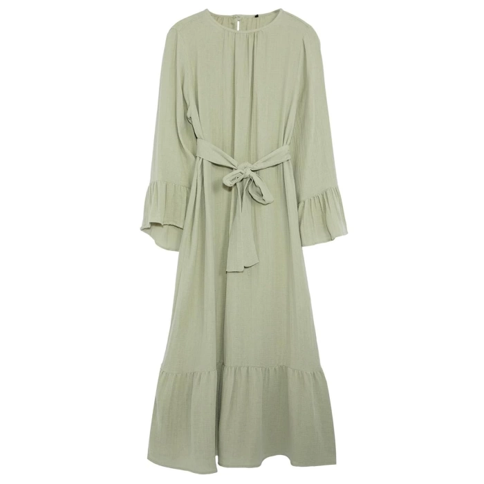 Fashion Style Relaxed Crew Neck Maxi Length Hijab Skirt Ruffle Muslin Woven Dress