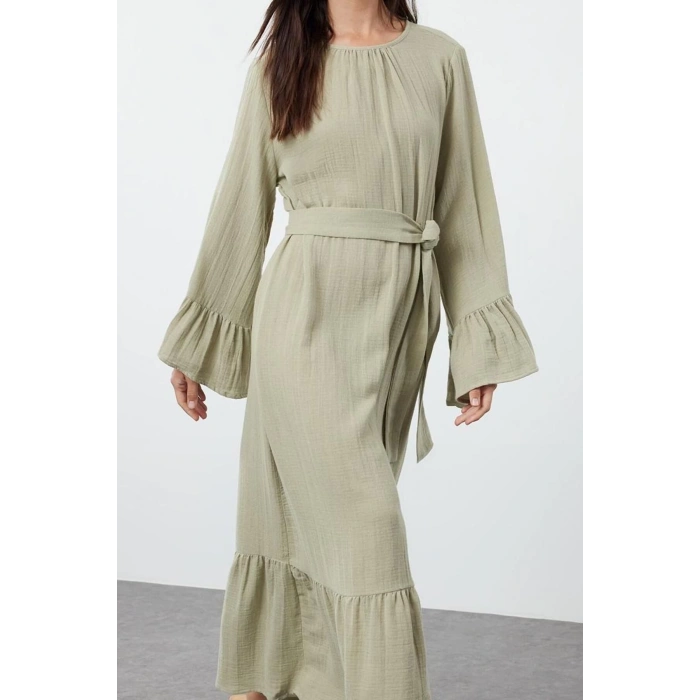 Fashion Style Relaxed Crew Neck Maxi Length Hijab Skirt Ruffle Muslin Woven Dress