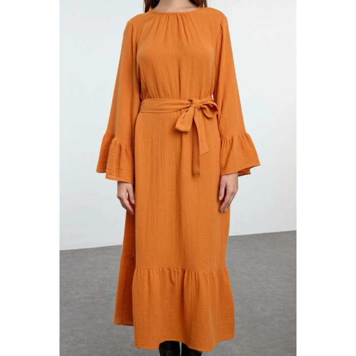 Fashion Style Relaxed Crew Neck Maxi Length Hijab Skirt Ruffle Muslin Woven Dress