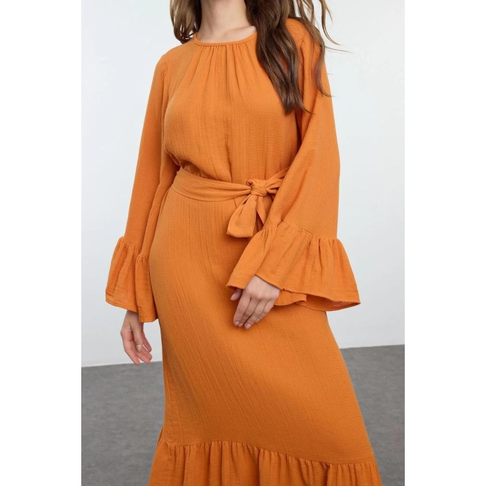 Fashion Style Relaxed Crew Neck Maxi Length Hijab Skirt Ruffle Muslin Woven Dress