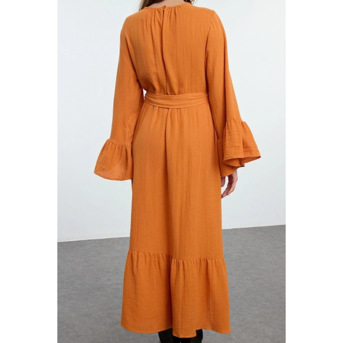 Fashion Style Relaxed Crew Neck Maxi Length Hijab Skirt Ruffle Muslin Woven Dress