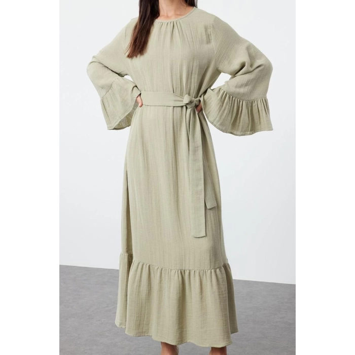 Fashion Style Relaxed Crew Neck Maxi Length Hijab Skirt Ruffle Muslin Woven Dress