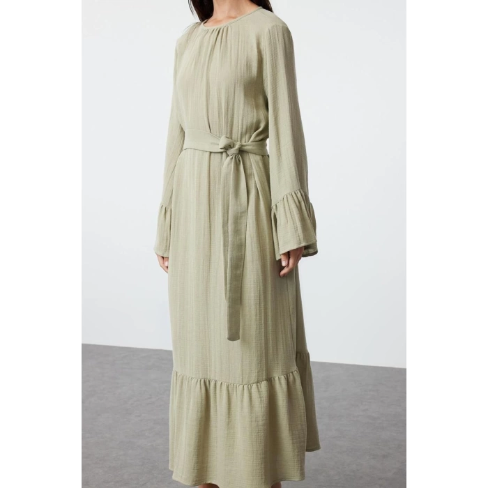 Fashion Style Relaxed Crew Neck Maxi Length Hijab Skirt Ruffle Muslin Woven Dress