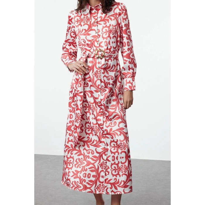 Fashion Style Relaxed Judge Collar Maxi Length Hijab Floral Patterned Woven Dress