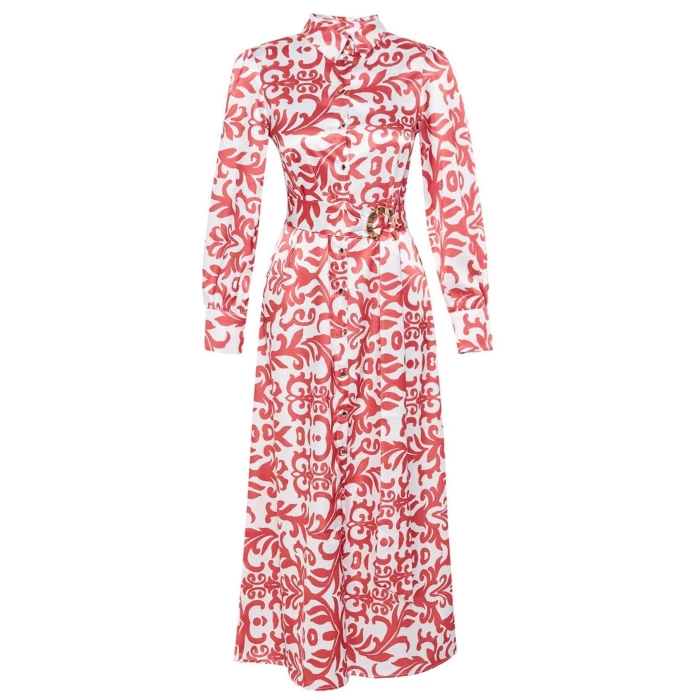 Fashion Style Relaxed Judge Collar Maxi Length Hijab Floral Patterned Woven Dress