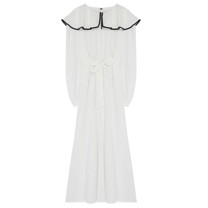 Fashion Style Regular Baby Collar Maxi Length Hijab Collar Piping Detailed Belted Woven Dress