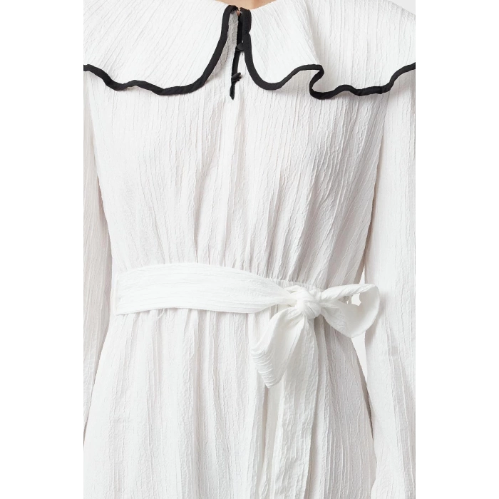Fashion Style Regular Baby Collar Maxi Length Hijab Collar Piping Detailed Belted Woven Dress
