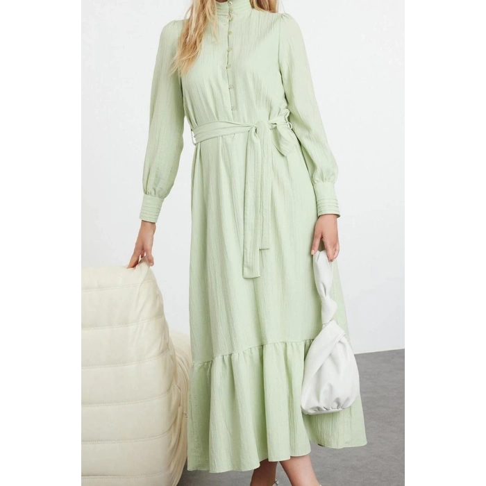 Fashion Style Regular Shirt Collar Maxi Length Hijab Linen Look Skirt Frilled Belted Woven Dress