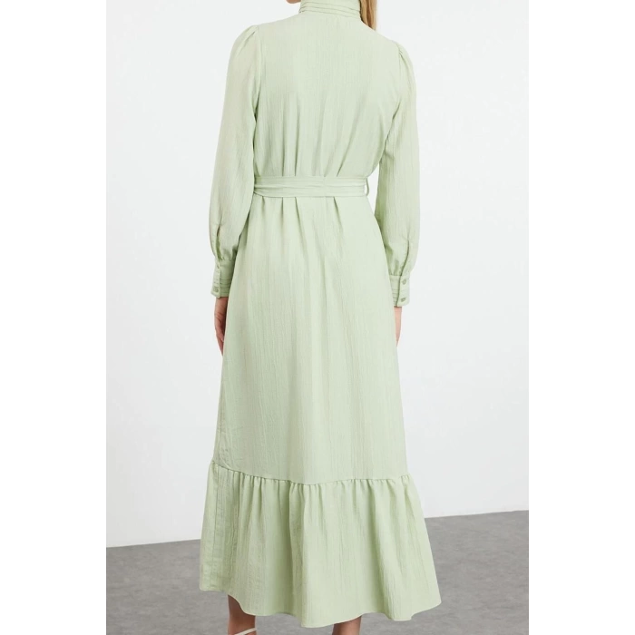 Fashion Style Regular Shirt Collar Maxi Length Hijab Linen Look Skirt Frilled Belted Woven Dress