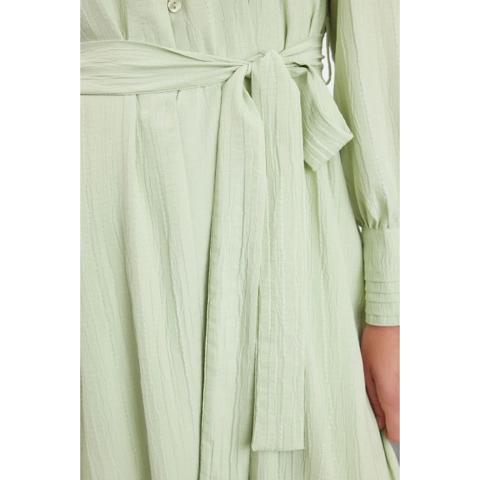 Fashion Style Regular Shirt Collar Maxi Length Hijab Linen Look Skirt Frilled Belted Woven Dress