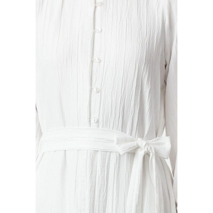 Fashion Style Regular Shirt Collar Maxi Length Hijab Linen Look Skirt Frilled Belted Woven Dress