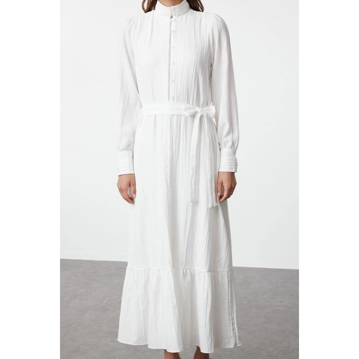 Fashion Style Regular Shirt Collar Maxi Length Hijab Linen Look Skirt Frilled Belted Woven Dress