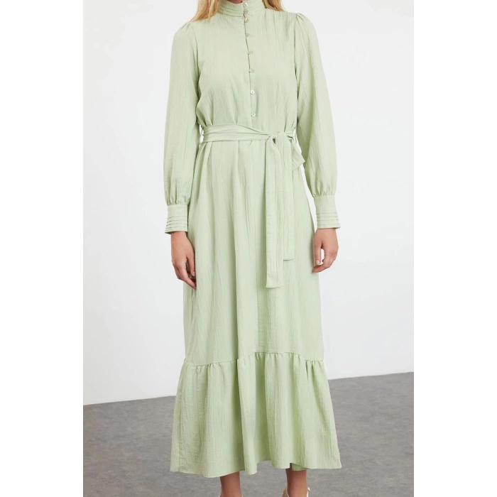 Fashion Style Regular Shirt Collar Maxi Length Hijab Linen Look Skirt Frilled Belted Woven Dress
