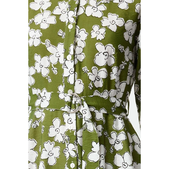 Fashion Style Regular Shirt Collar Midi Length Hijab Floral Patterned Belted Woven Dress