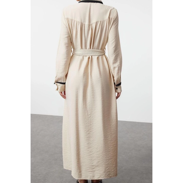Moda Regular Shirt Collar Maxi Length Hijab Black Piping and Rose Detailed Belted Woven Shirt Dress