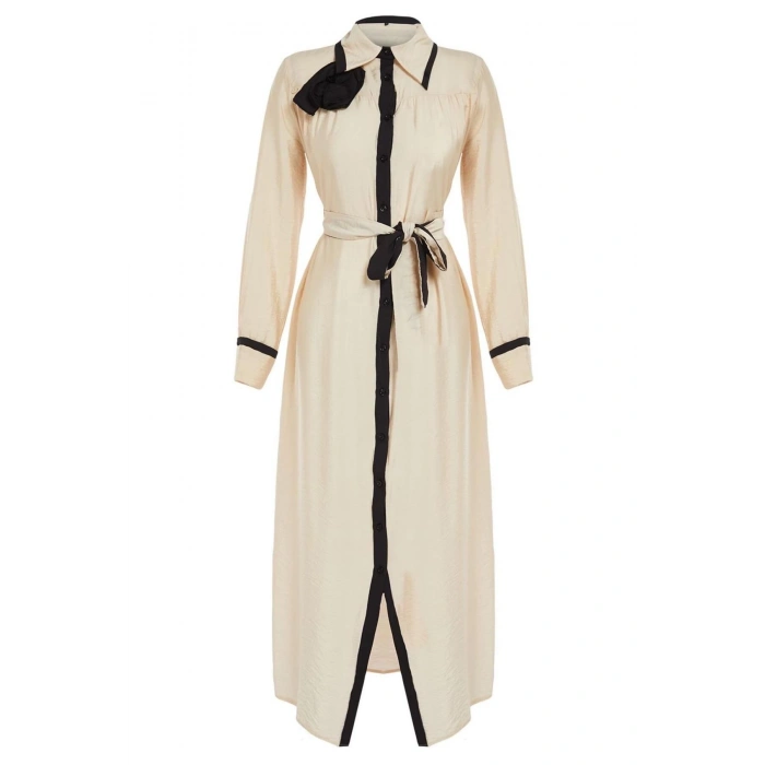 Moda Regular Shirt Collar Maxi Length Hijab Black Piping and Rose Detailed Belted Woven Shirt Dress