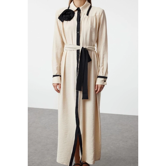 Moda Regular Shirt Collar Maxi Length Hijab Black Piping and Rose Detailed Belted Woven Shirt Dress