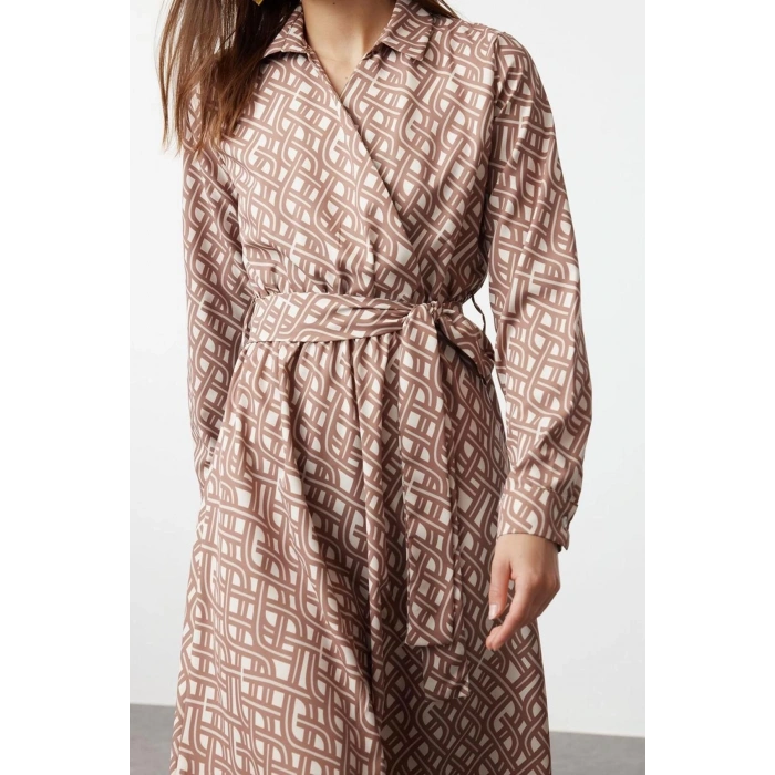 Fashion Style Regular Double Breasted Maxi Length Hijab Mono Patterned Belted Satin Woven Dress