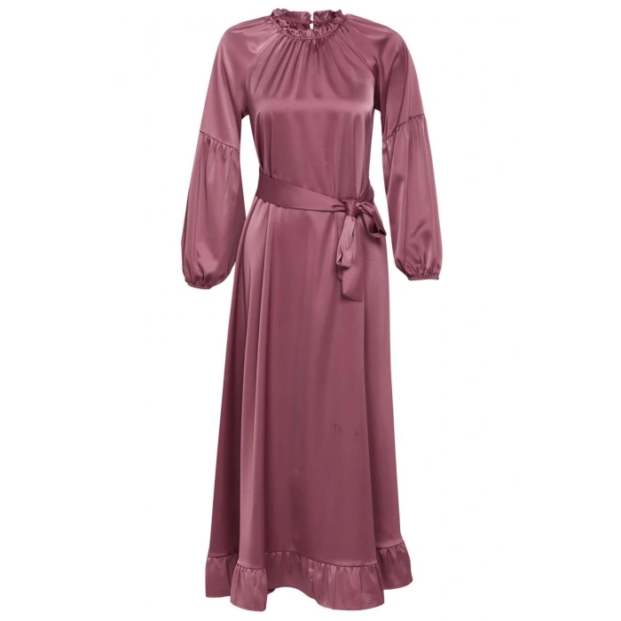 Fashion Style Regular Stand Collar Maxi Length Hijab Satin Belt Detailed Woven Dress