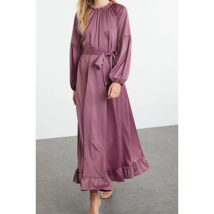 Fashion Style Regular Stand Collar Maxi Length Hijab Satin Belt Detailed Woven Dress