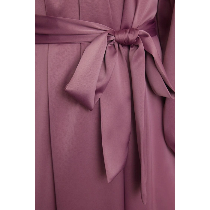 Fashion Style Regular Stand Collar Maxi Length Hijab Satin Belt Detailed Woven Dress