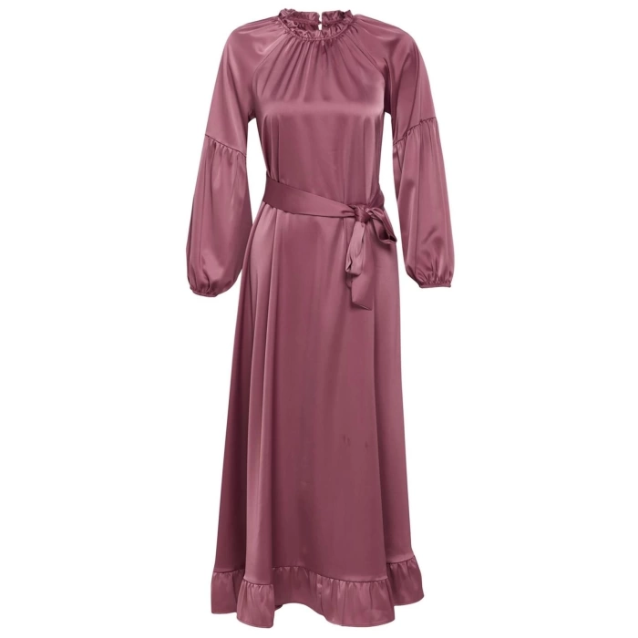 Fashion Style Regular Stand Collar Maxi Length Hijab Satin Belt Detailed Woven Dress