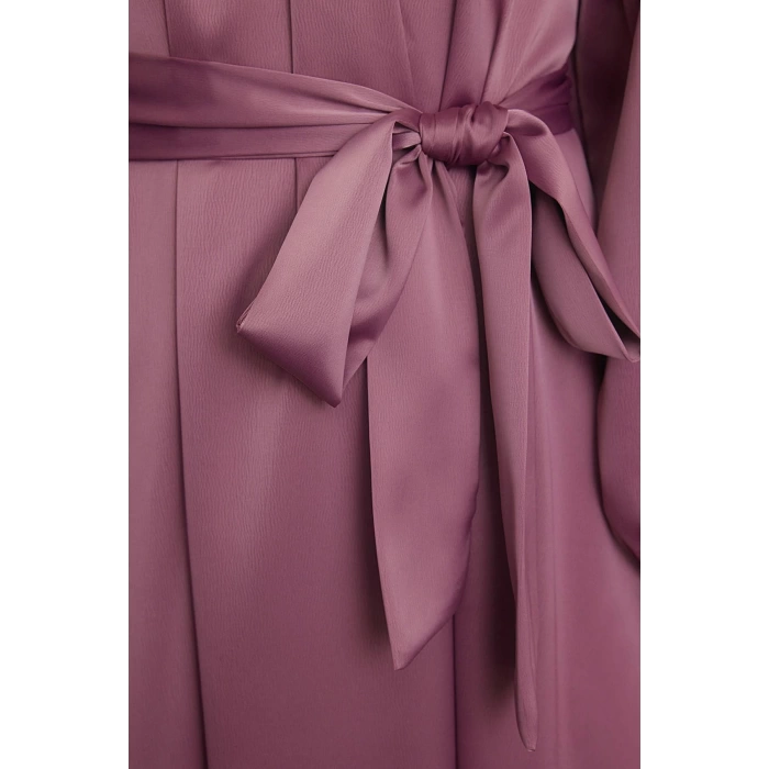 Fashion Style Regular Stand Collar Maxi Length Hijab Satin Belt Detailed Woven Dress