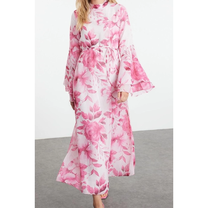 Fashion Style Regular V Neck Maxi Length Hijab Lined Woven Chiffon Floral Patterned Dress
