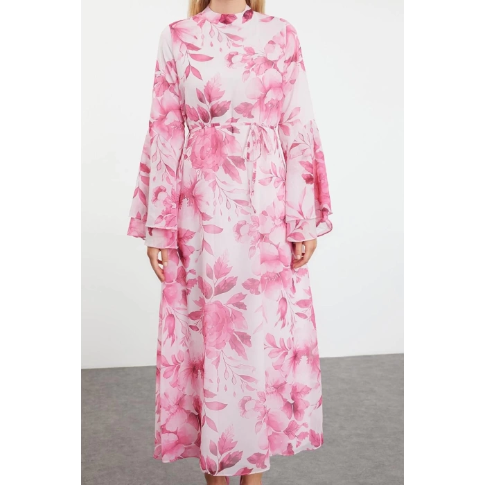 Fashion Style Regular V Neck Maxi Length Hijab Lined Woven Chiffon Floral Patterned Dress