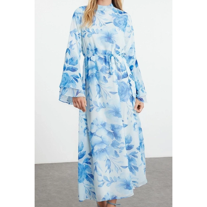 Fashion Style Regular V Neck Maxi Length Hijab Lined Woven Chiffon Floral Patterned Dress