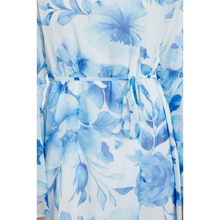 Fashion Style Regular V Neck Maxi Length Hijab Lined Woven Chiffon Floral Patterned Dress