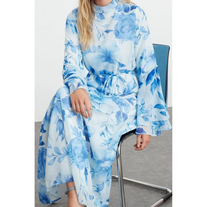 Fashion Style Regular V Neck Maxi Length Hijab Lined Woven Chiffon Floral Patterned Dress
