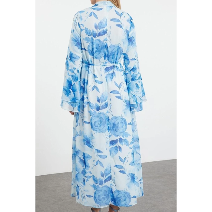 Fashion Style Regular V Neck Maxi Length Hijab Lined Woven Chiffon Floral Patterned Dress