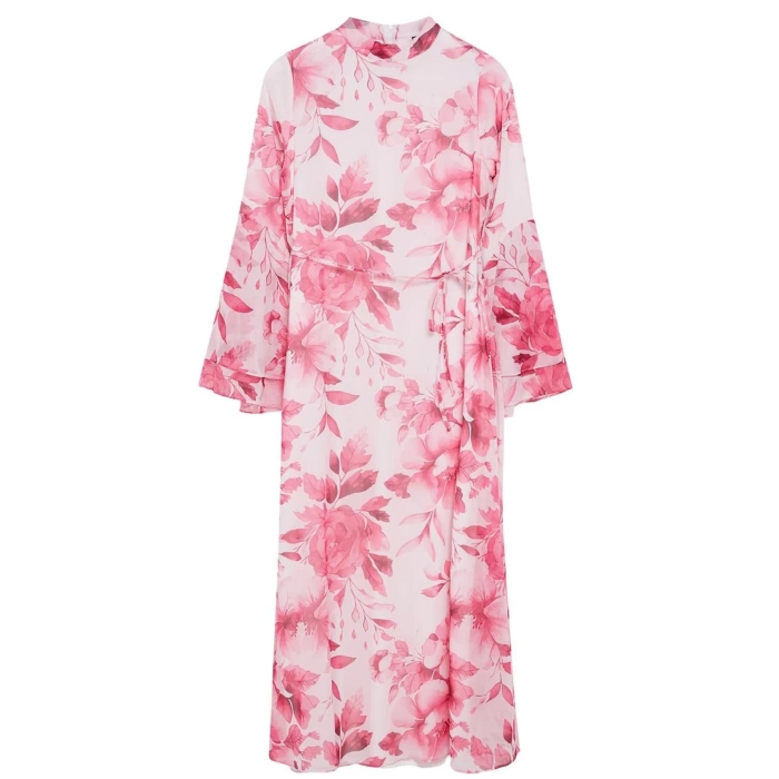 Fashion Style Regular V Neck Maxi Length Hijab Lined Woven Chiffon Floral Patterned Dress