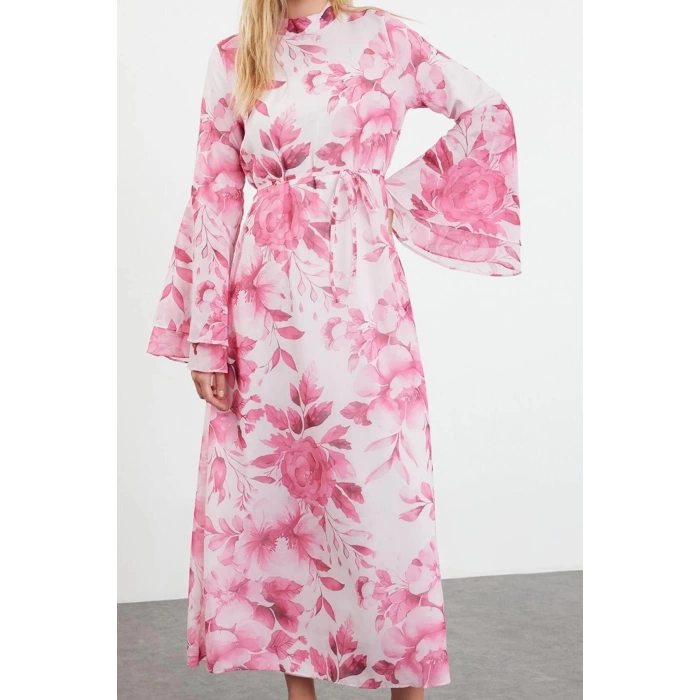 Fashion Style Regular V Neck Maxi Length Hijab Lined Woven Chiffon Floral Patterned Dress