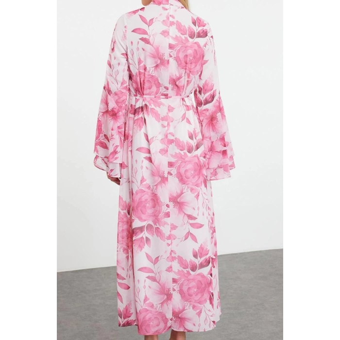 Fashion Style Regular V Neck Maxi Length Hijab Lined Woven Chiffon Floral Patterned Dress