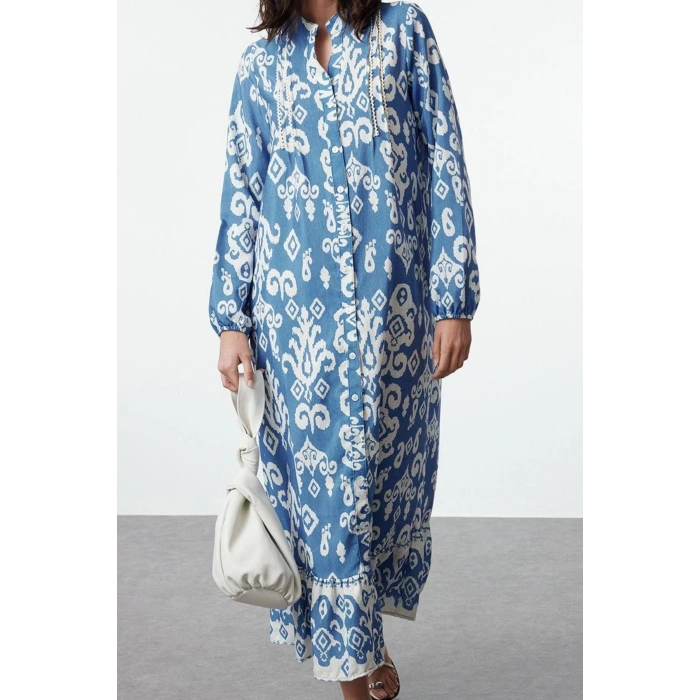 Fashion Style Regular Judge Collar Maxi Length Hijab Shawl Patterned Linen Look Woven Dress