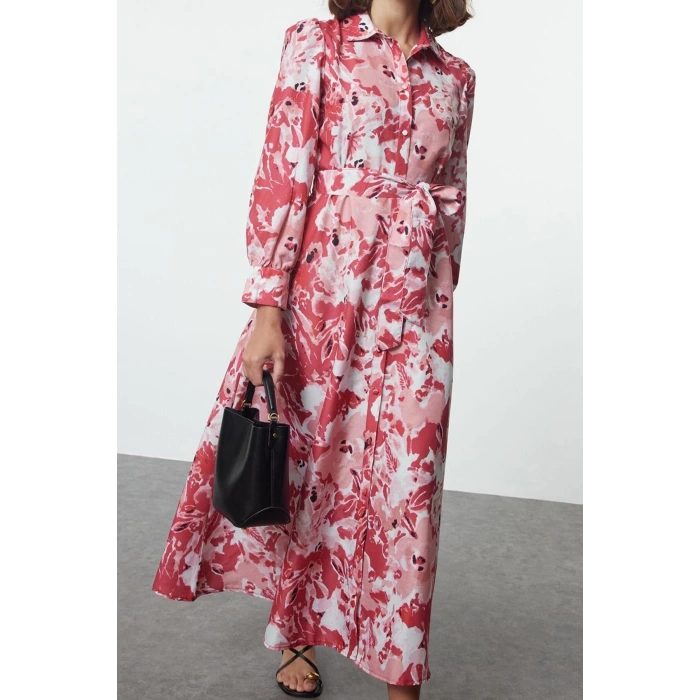 Fashion Style Regular Shirt Collar Maxi Length Hijab Belted Floral Woven Dress