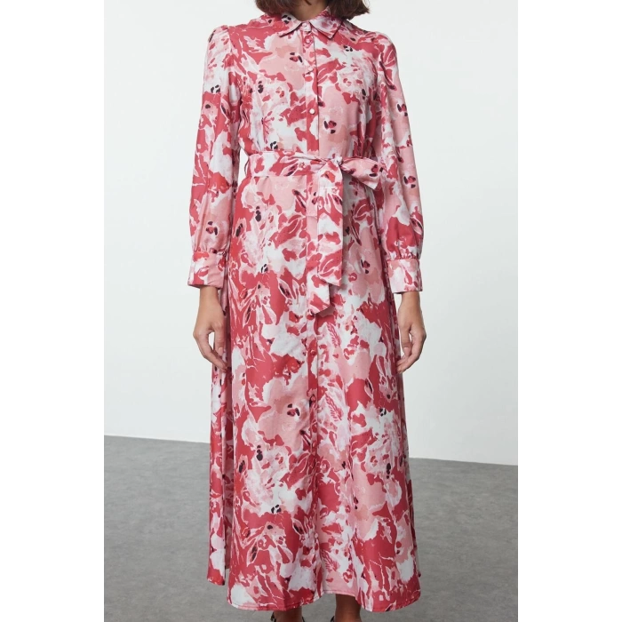 Fashion Style Regular Shirt Collar Maxi Length Hijab Belted Floral Woven Dress