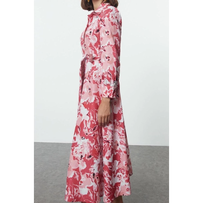 Fashion Style Regular Shirt Collar Maxi Length Hijab Belted Floral Woven Dress