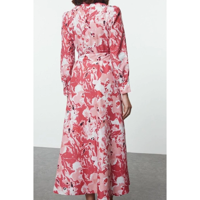 Fashion Style Regular Shirt Collar Maxi Length Hijab Belted Floral Woven Dress